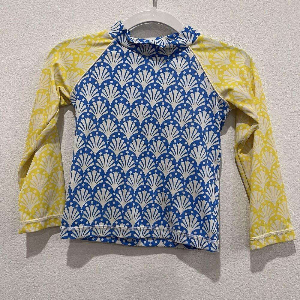 Boden Girls 2/3 Yrs Blue and Yellow Raglan Long Sleeve Swim Rash Guard Beach